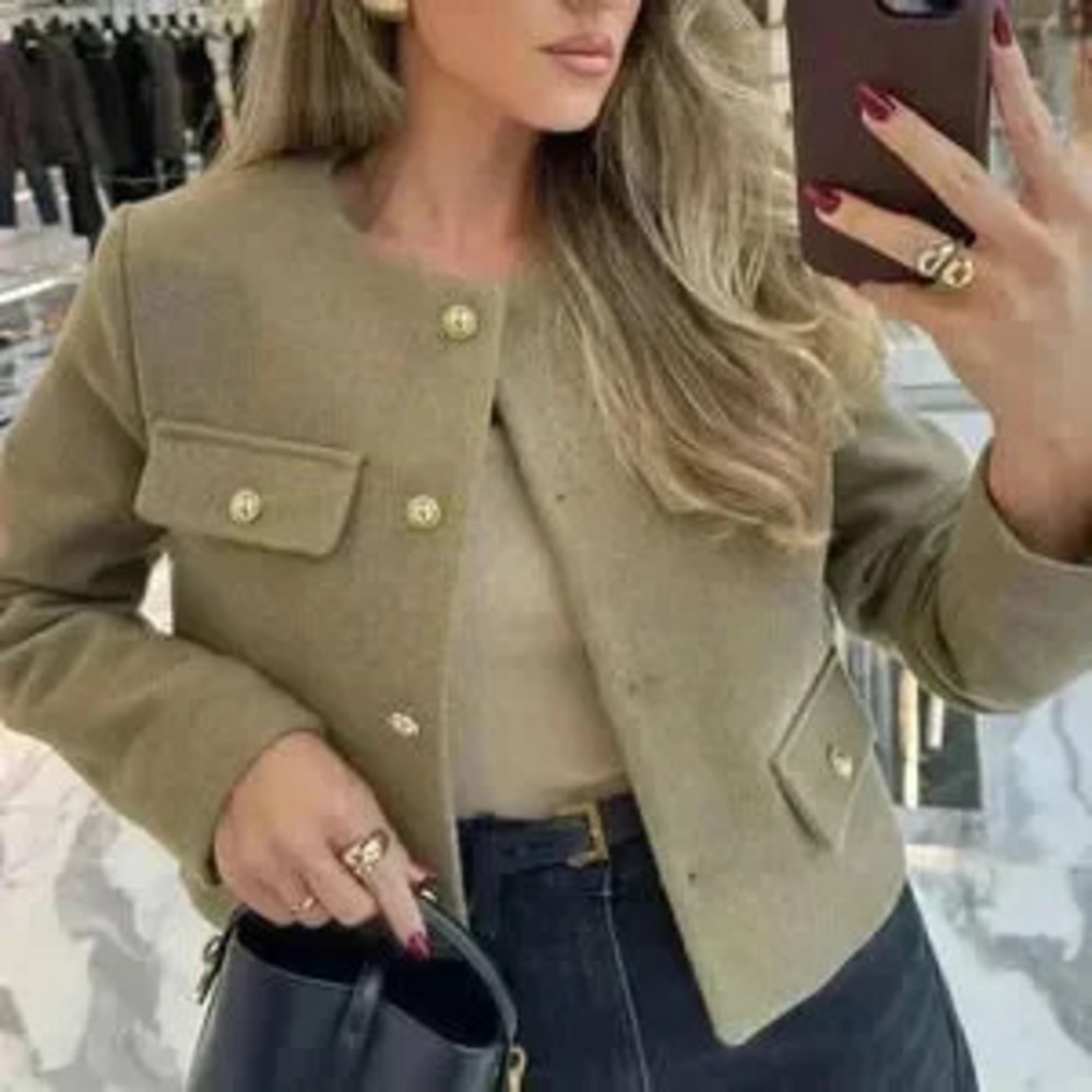 Khaki Casual Women's Tweed Jacket Round Neckline Decorated Long Sleeves Coat